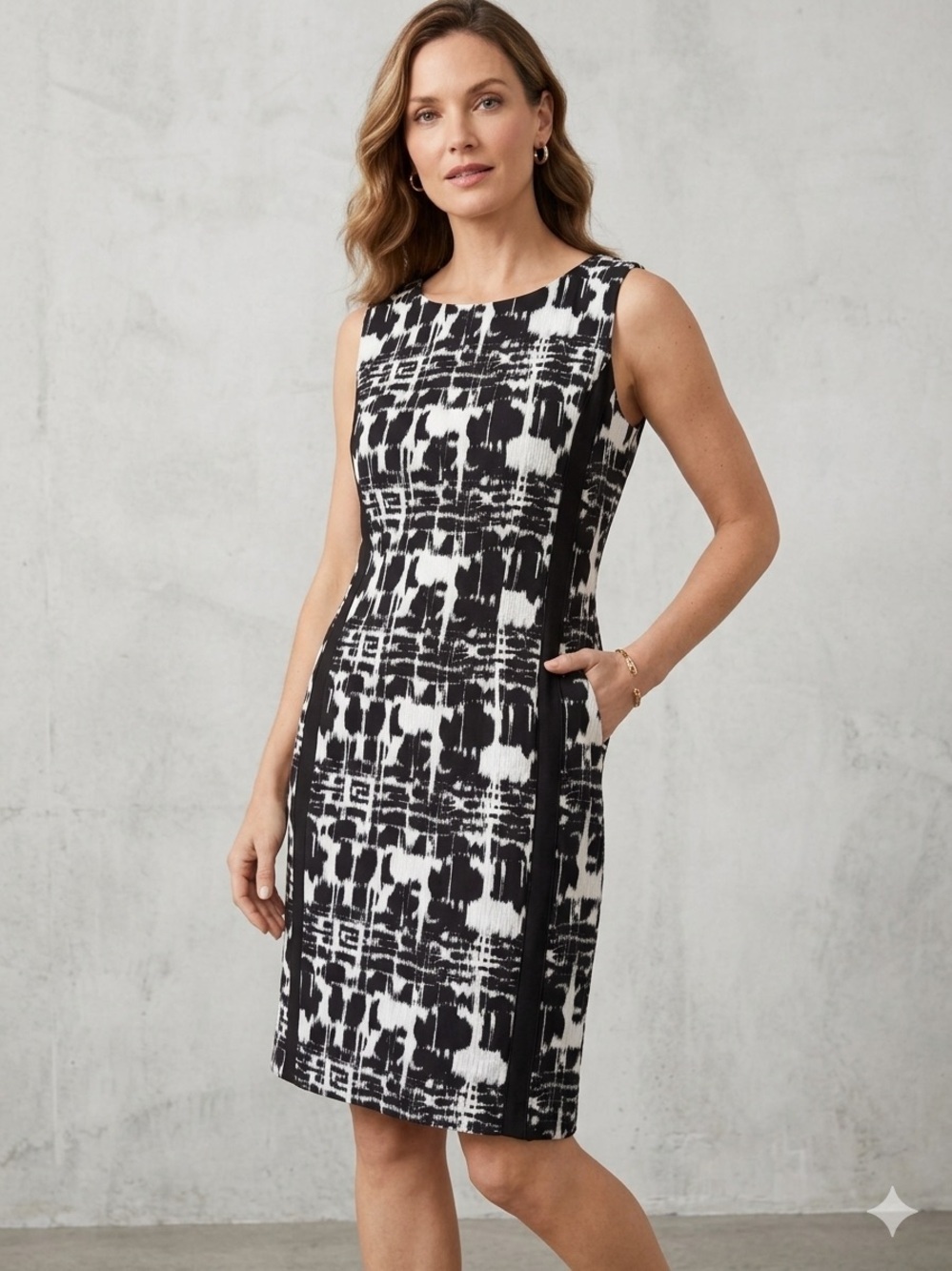 Emma & Michele Black and White Sleeveless Printed Sheath Dress